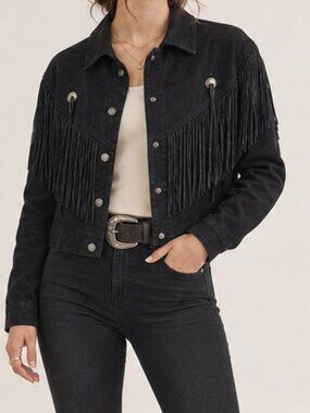 M. Julian Vintage Western Cowgirl Black Fringe Suede Leather Jacket Medium